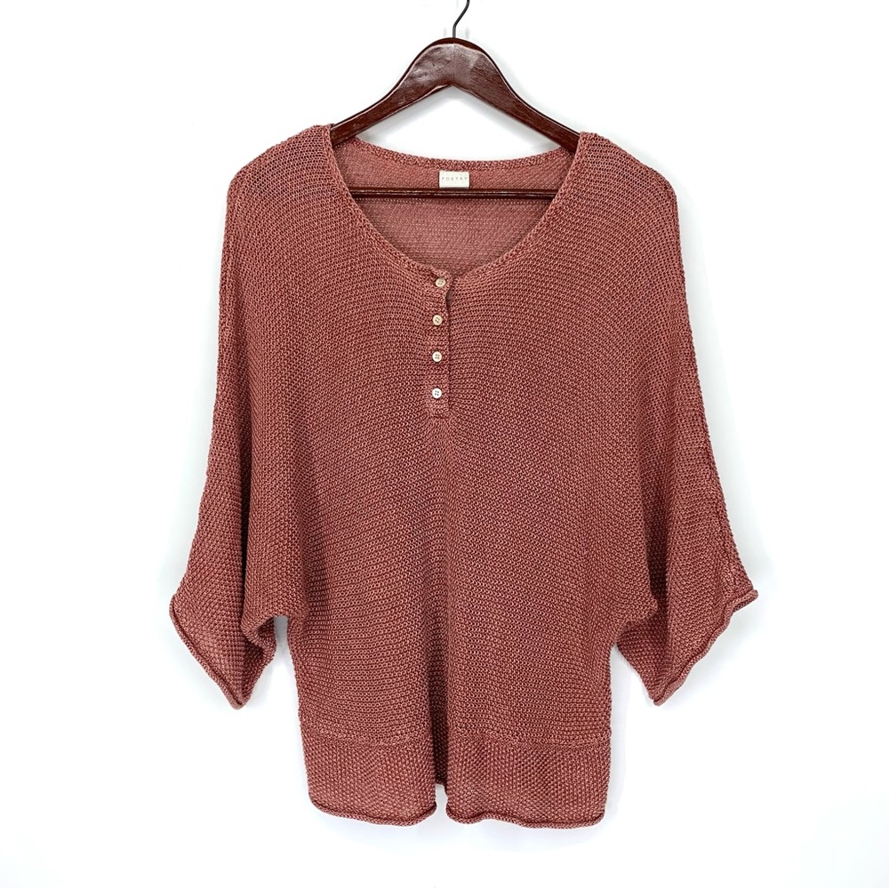 Poetry Dusty Rose Chain Knit Linen Scoop Neck Batwing Sweater W/ Draped Sleeves